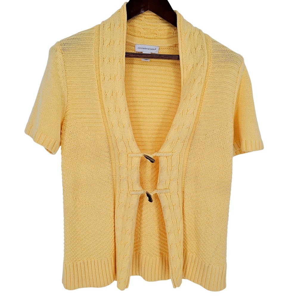 Christopher & Banks Cable‎ Knit Shawl Collar Toggle Cardigan Women's M Yellow